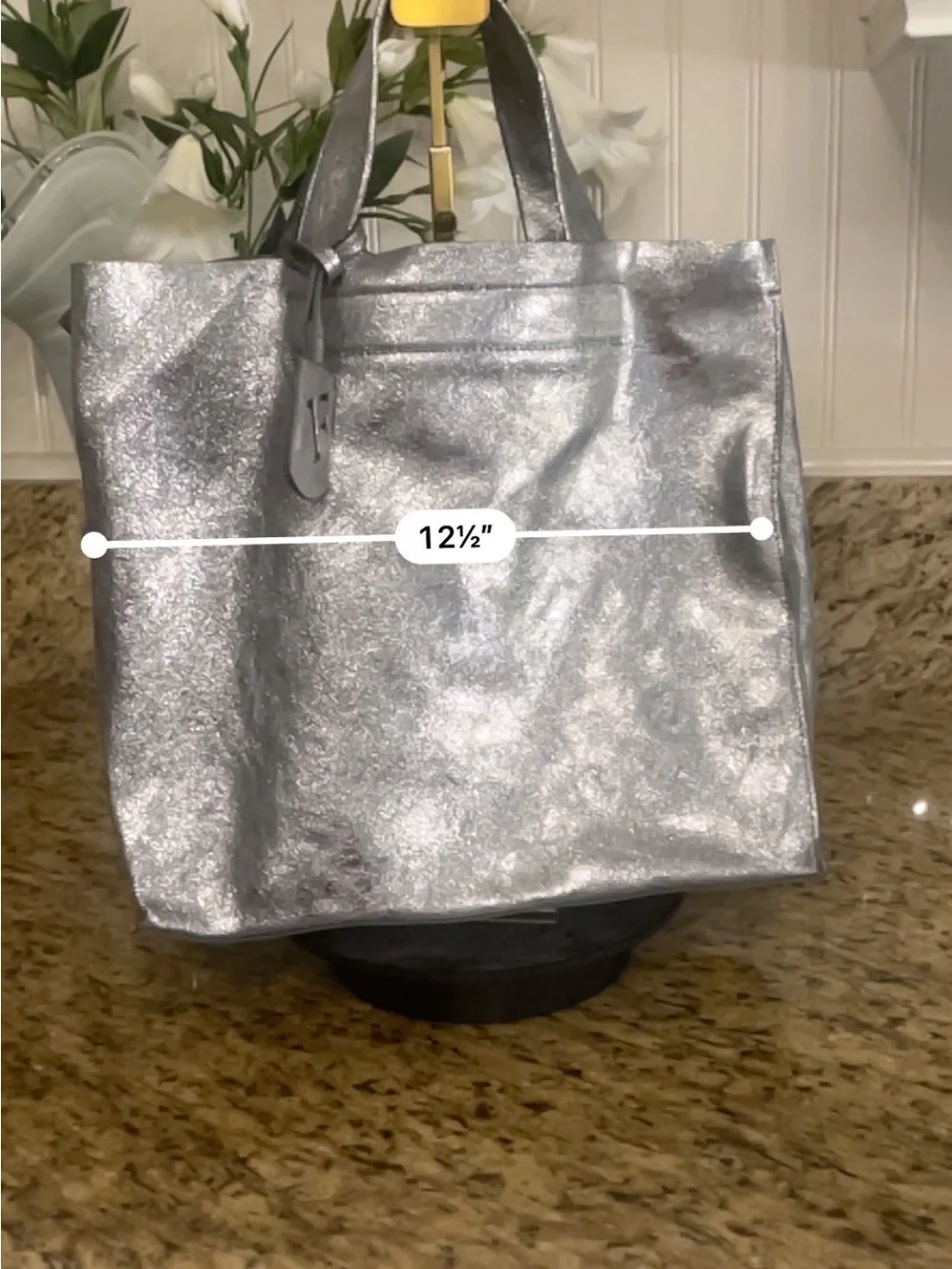 GUC Furla Silver Metallic Tote Bag with F Charm
